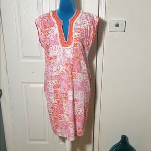 Bella Tu Cotton Pink and Orange Patterned Tunic Mini Dress With Pockets Large